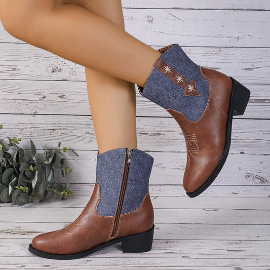 New Denim Patchwork Western Cowboy Boots Black