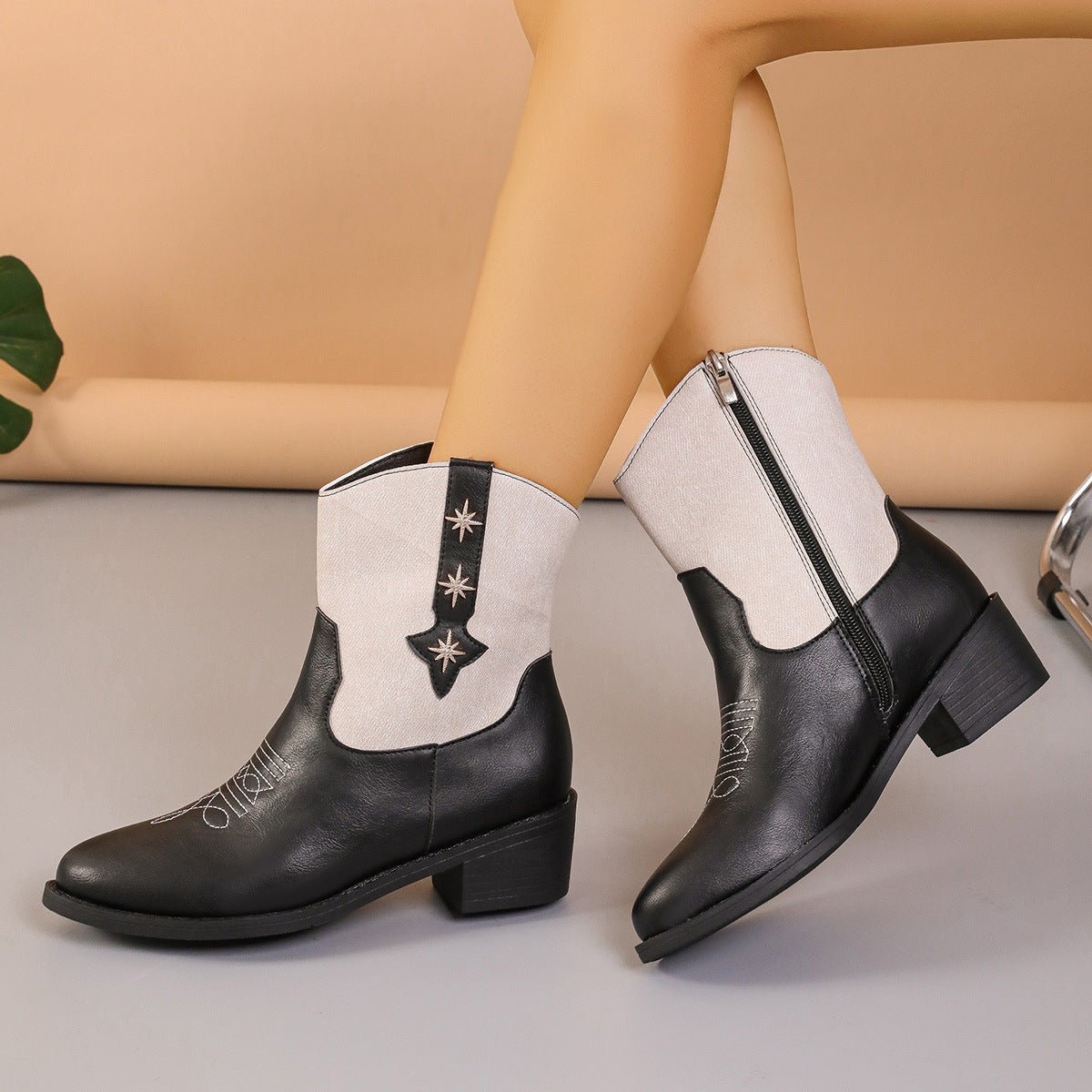 New Denim Patchwork Western Cowboy Boots Black