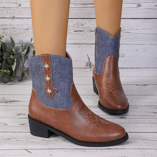 New Denim Patchwork Western Cowboy Boots Black