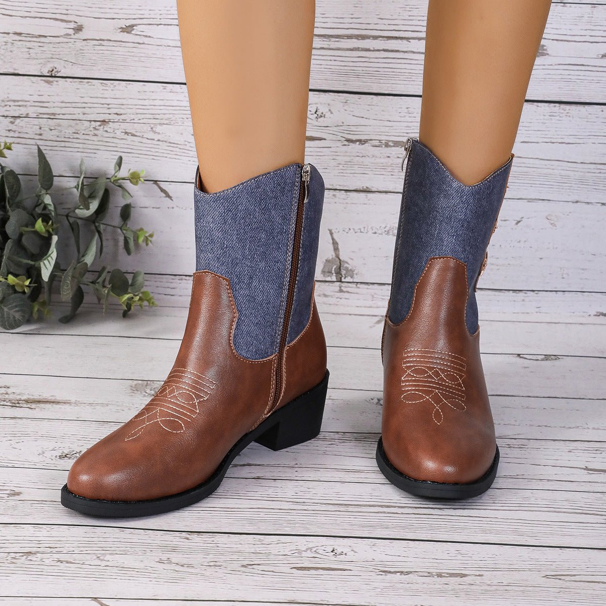 New Denim Patchwork Western Cowboy Boots Brown