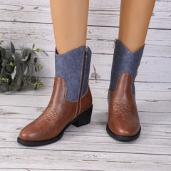 New Denim Patchwork Western Cowboy Boots Brown