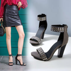 New Fashion Simple All - match Rivet Wedding Party Shoes Women's Zipper Thick Bottom Square Grey