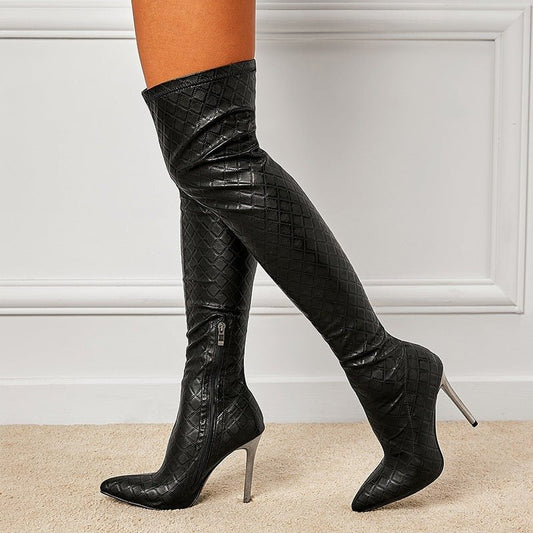 New Fine Heel With Black Slimming Stretch Over The Knee Boots Black