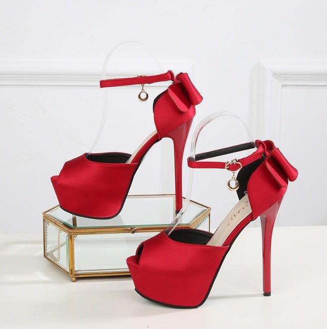 New Fish Mouth Sandals – Super High Heel Waterproof Platform with Silk Bow Detail Black