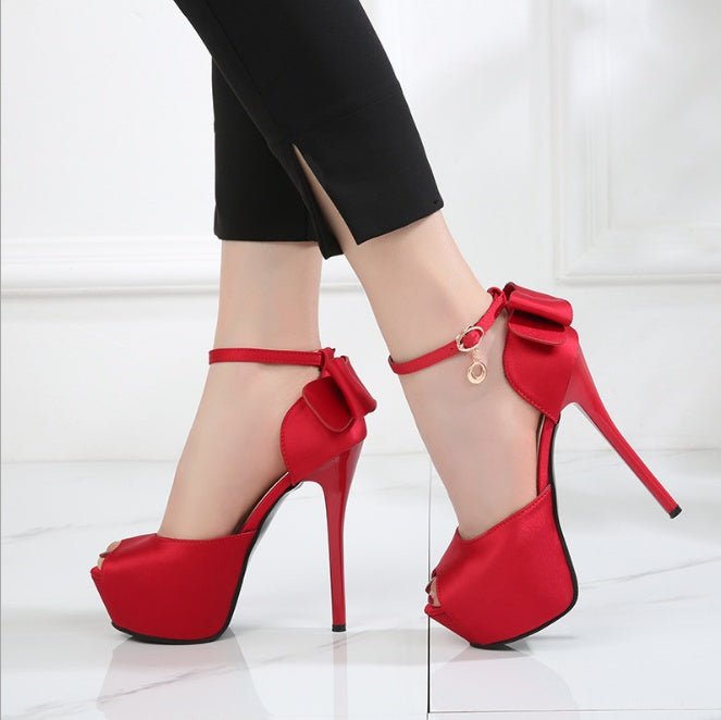 New Fish Mouth Sandals – Super High Heel Waterproof Platform with Silk Bow Detail Red