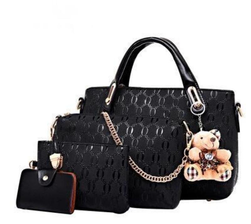 New Korean Fashion Clutch - Embossed 4 - Piece Ladies Shoulder Bag Black