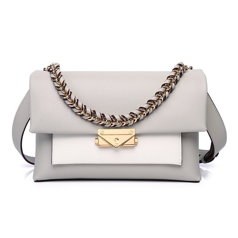 New Leather Hit Color Trendy Handbags Chain Lock Flap Envelope Small Square Bag Offwhite