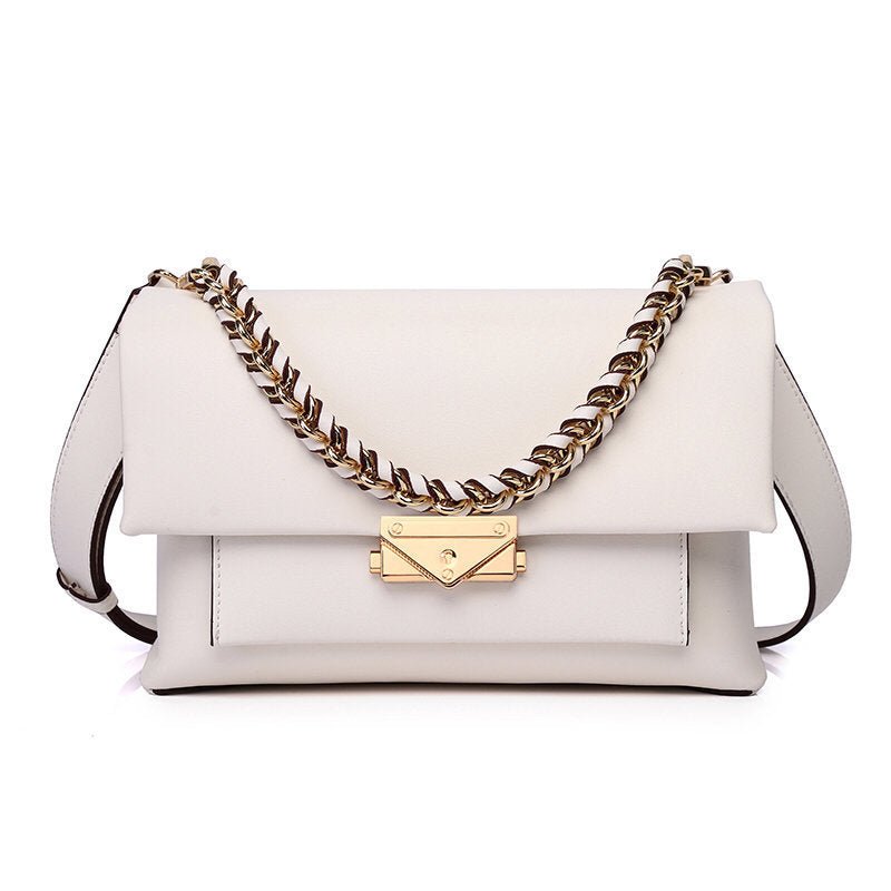 New Leather Hit Color Trendy Handbags Chain Lock Flap Envelope Small Square Bag White