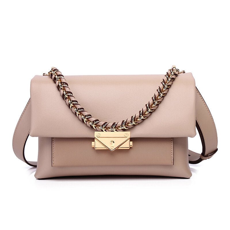 New Leather Hit Color Trendy Handbags Chain Lock Flap Envelope Small Square Bag Milk tea color