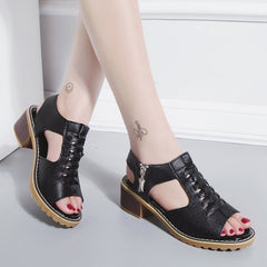 New Round Toe Hollow - out Side Zipper Sandals Casual Roman Sandals Black