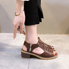 New Round Toe Hollow - out Side Zipper Sandals Casual Roman Sandals Brown