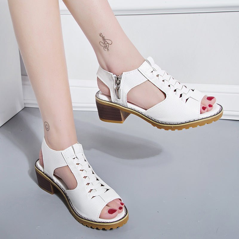 New Round Toe Hollow - out Side Zipper Sandals Casual Roman Sandals White