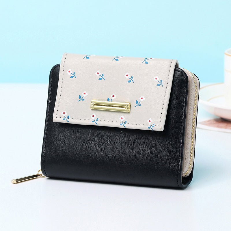 New Short Women Print Wallets Splicing Zipper Ladies Coin Purse Black