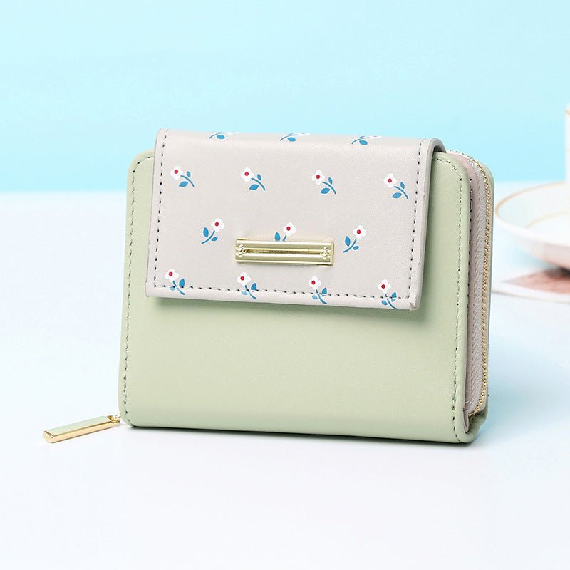 New Short Women Print Wallets Splicing Zipper Ladies Coin Purse Light Green