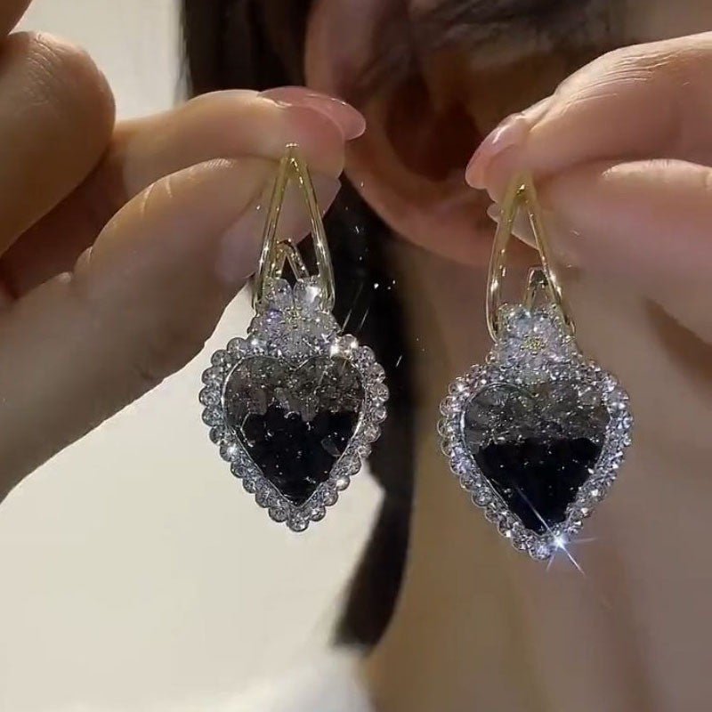 New Trendy Crystal Love Heart Earrings for High - Sense Females EH528 Black