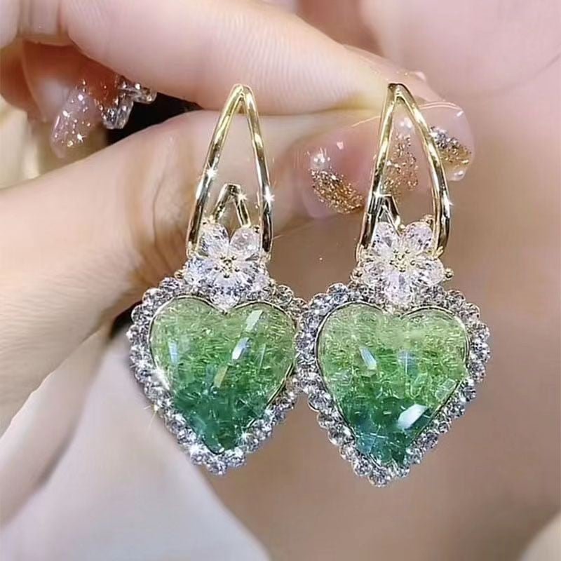 New Trendy Crystal Love Heart Earrings for High - Sense Females EH528 Green