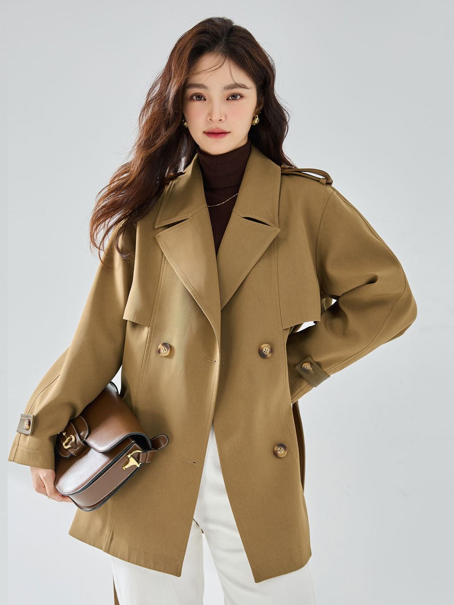 New Versatile Casual Elegant Chic Short Trench Coat for Women Khaki