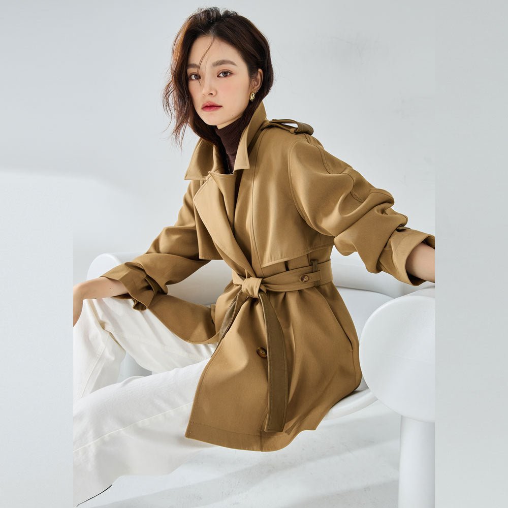 New Versatile Casual Elegant Chic Short Trench Coat for Women Khaki