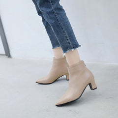 New women's boots thick heel short boots leather boots Beige