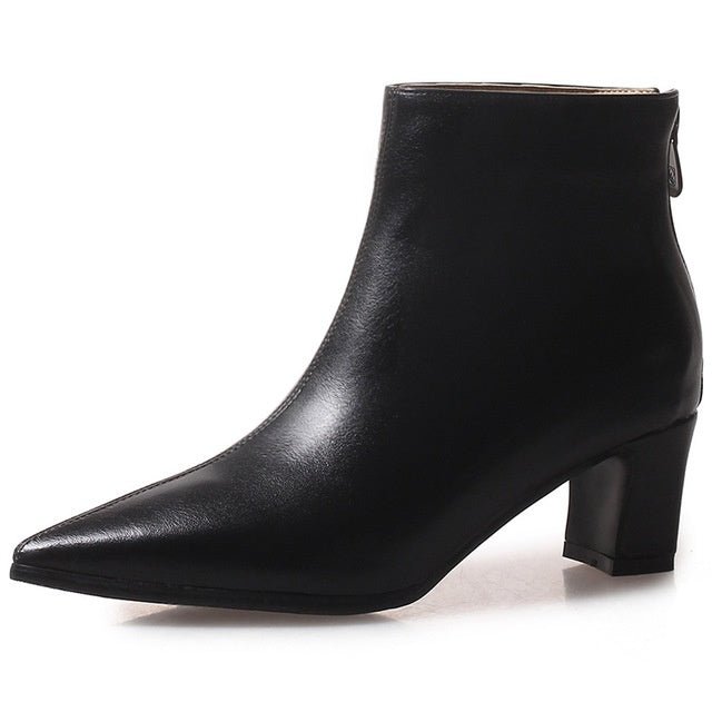 New women's boots thick heel short boots leather boots Black