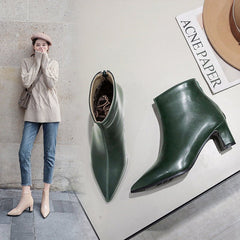 New women's boots thick heel short boots leather boots Beige