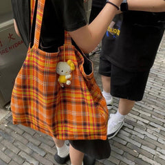 Niche Retro Plaid Orange Tote Bag Effortless Portability and Style Orange