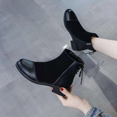 oft Leather Soft Bottom Stitching Martin Boots for Women Black Plus Velvet