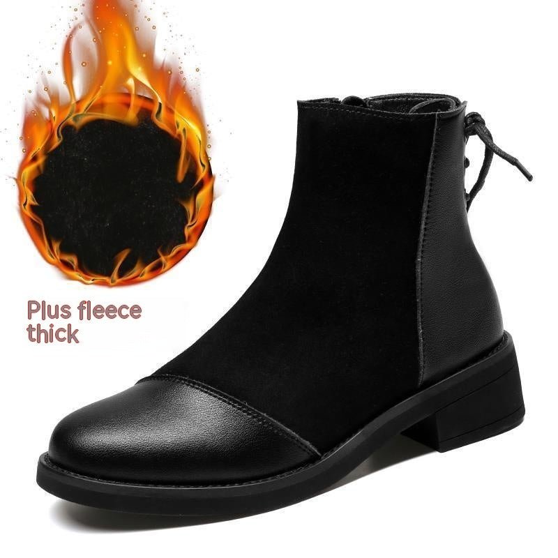 oft Leather Soft Bottom Stitching Martin Boots for Women Black Plus Velvet