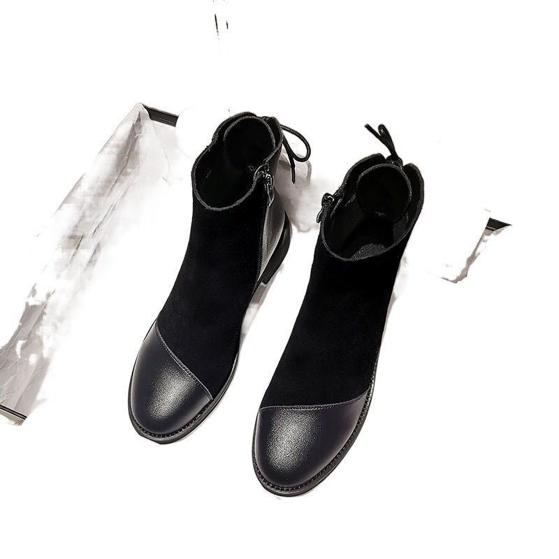 oft Leather Soft Bottom Stitching Martin Boots for Women Black Plus Velvet