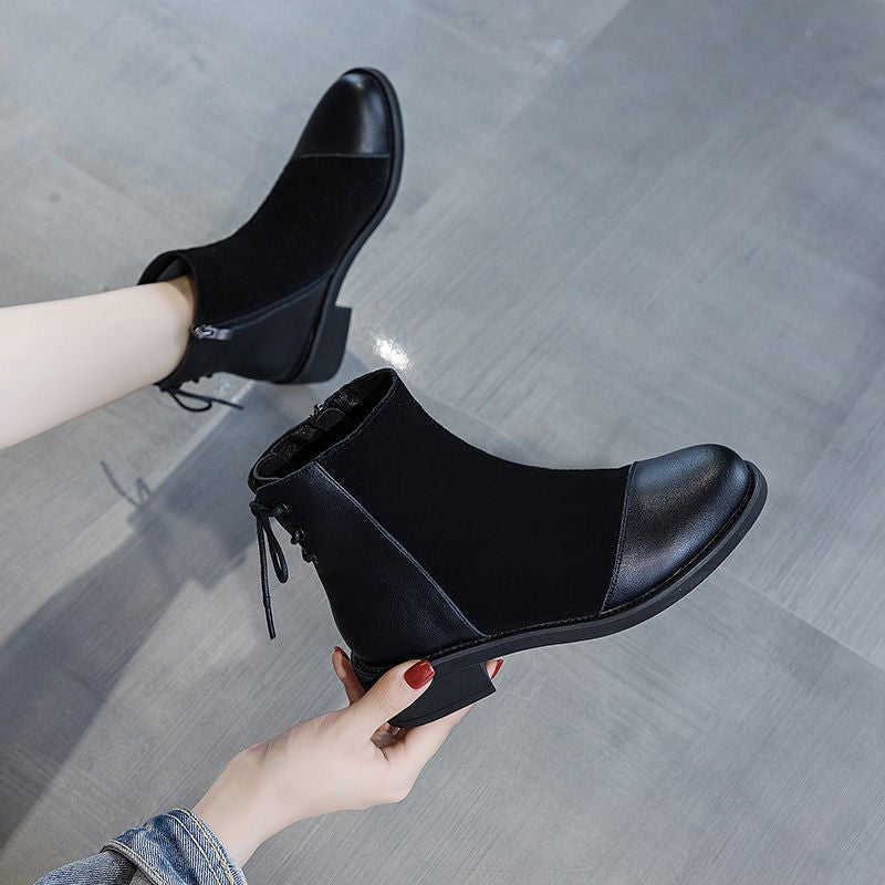 oft Leather Soft Bottom Stitching Martin Boots for Women Black Plus Velvet