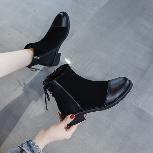 oft Leather Soft Bottom Stitching Martin Boots for Women Black Plus Velvet