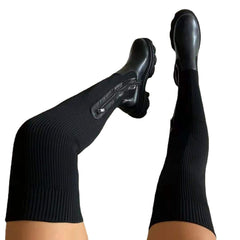 Over - Knee Black Boots Side Zipper Fashion Platform Sock Shoes Beige