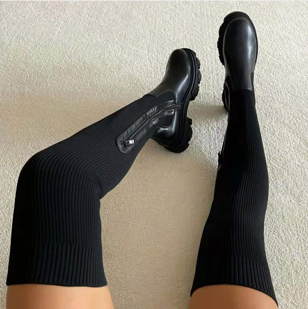 Over - Knee Black Boots Side Zipper Fashion Platform Sock Shoes Black