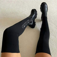 Over - Knee Black Boots Side Zipper Fashion Platform Sock Shoes Black