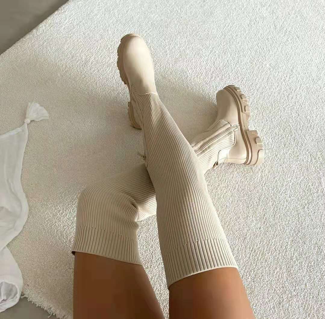 Over - Knee Black Boots Side Zipper Fashion Platform Sock Shoes Beige