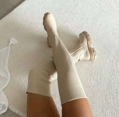 Over - Knee Black Boots Side Zipper Fashion Platform Sock Shoes Beige