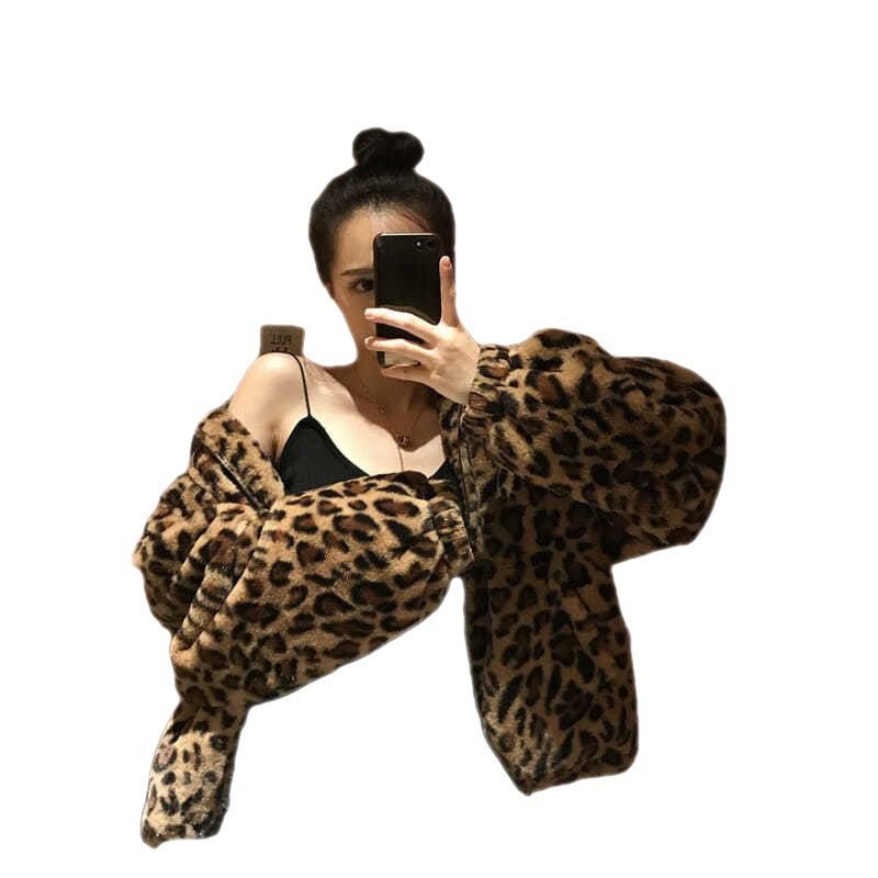 Over - sized Retro Hong Kong Style Loose Imitation Cashmere Cardigan Leopard print