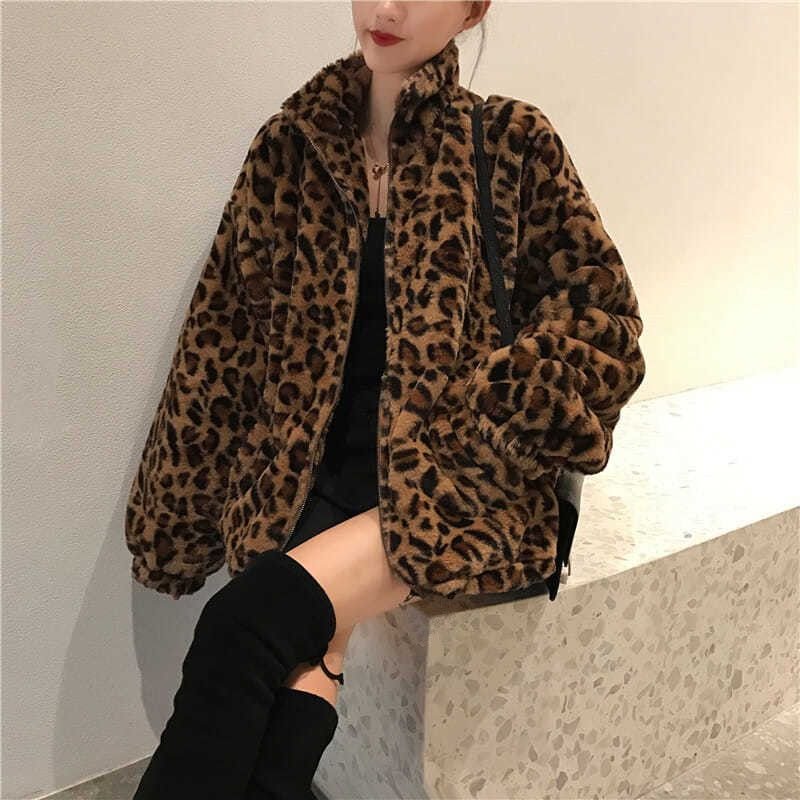 Over - sized Retro Hong Kong Style Loose Imitation Cashmere Cardigan Leopard print