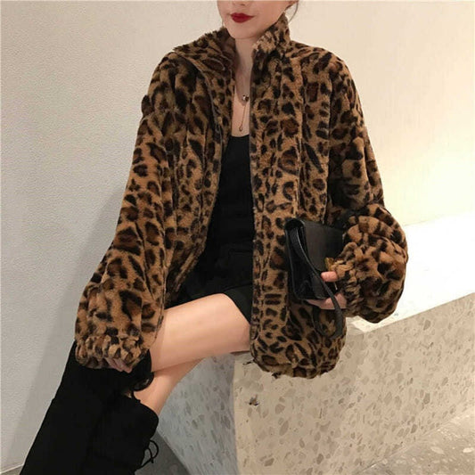 Over - sized Retro Hong Kong Style Loose Imitation Cashmere Cardigan Leopard print