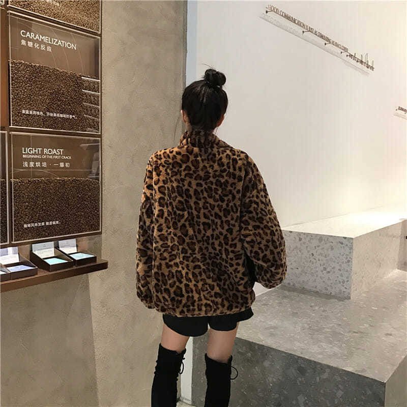 Over - sized Retro Hong Kong Style Loose Imitation Cashmere Cardigan Leopard print