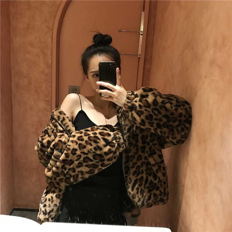 Over - sized Retro Hong Kong Style Loose Imitation Cashmere Cardigan Leopard print