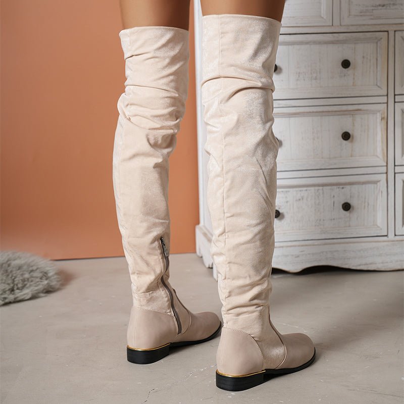 Over - the - knee Stitching Low - heeled Boots With Side Zipper For Women Apricot