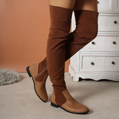 Over - the - knee Stitching Low - heeled Boots With Side Zipper For Women Apricot