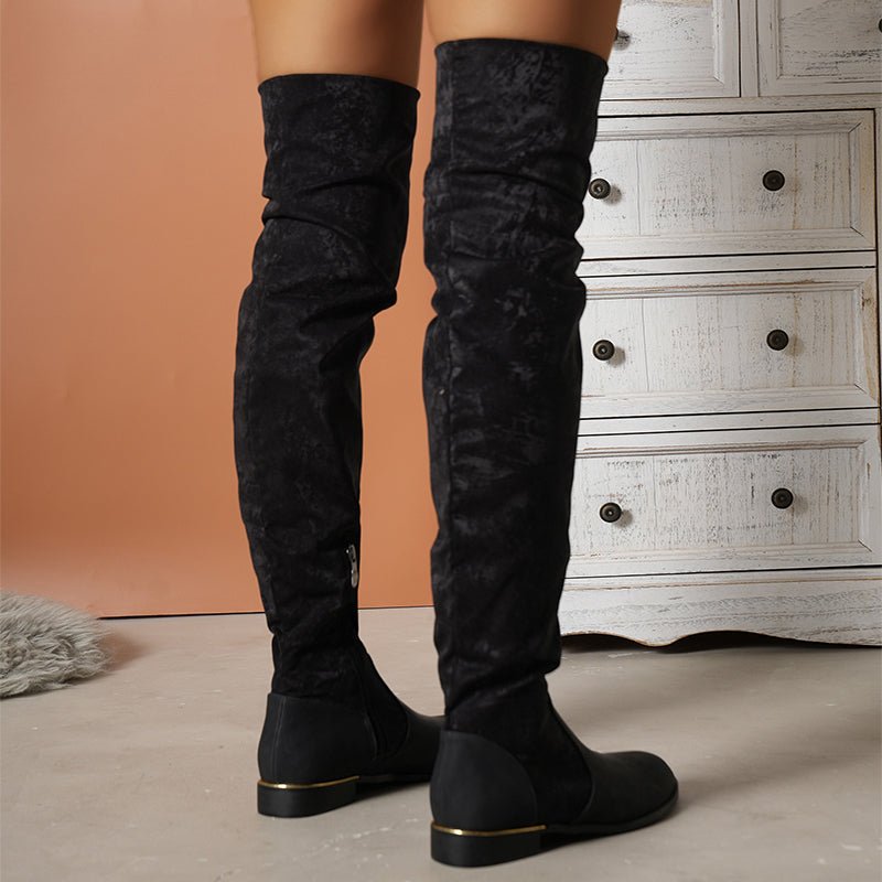 Over - the - knee Stitching Low - heeled Boots With Side Zipper For Women Black