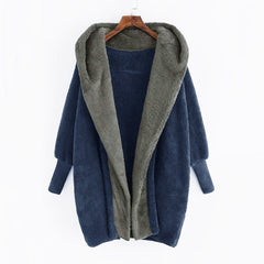 Oversize Double - sided Loose Velvet Hooded Loose Cardigan Coat Black Khaki