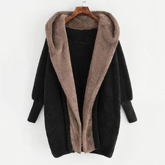 Oversize Double - sided Loose Velvet Hooded Loose Cardigan Coat Black Khaki