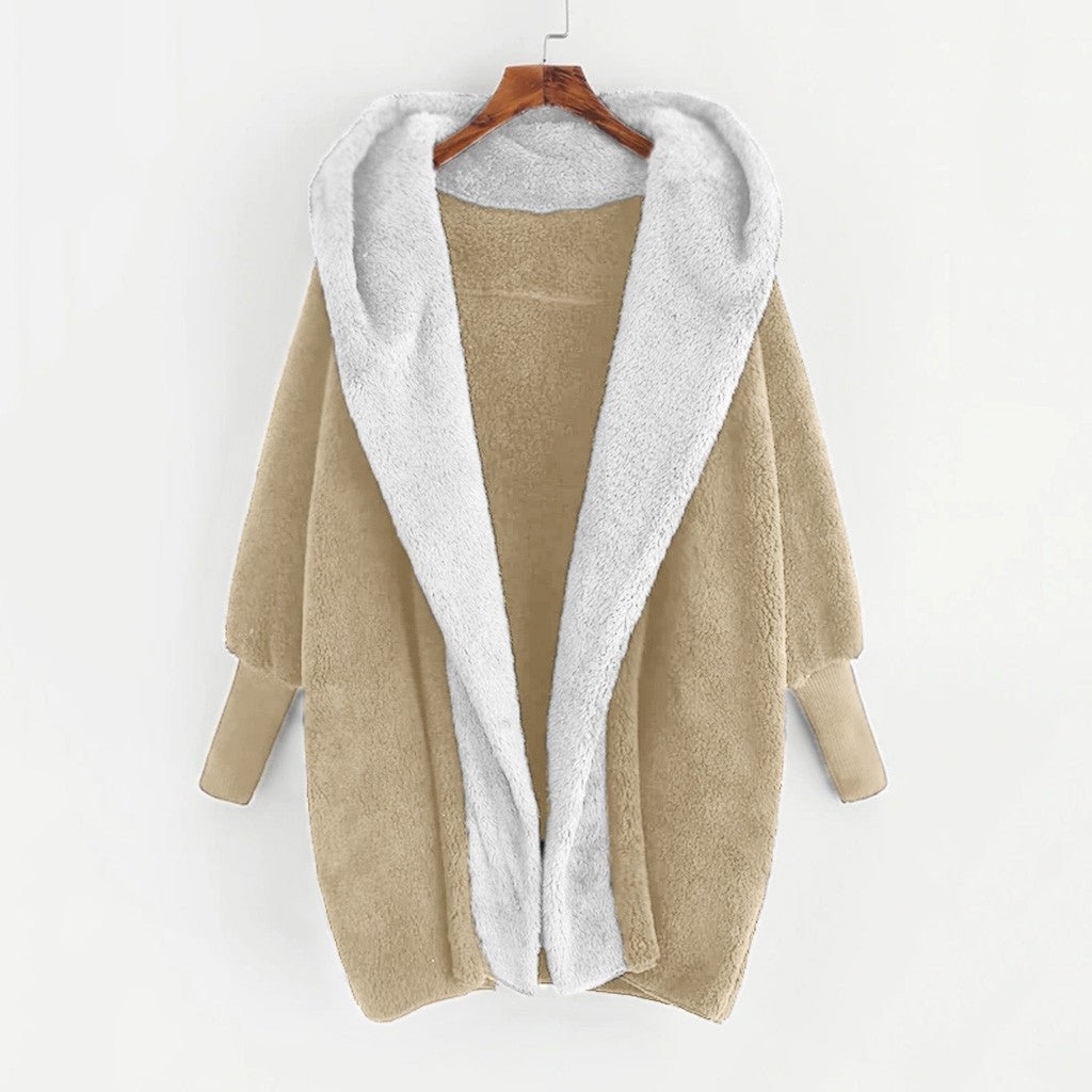 Oversize Double - sided Loose Velvet Hooded Loose Cardigan Coat Black Khaki