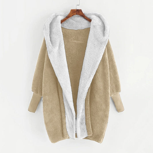 Oversize Double - sided Loose Velvet Hooded Loose Cardigan Coat Khaki White