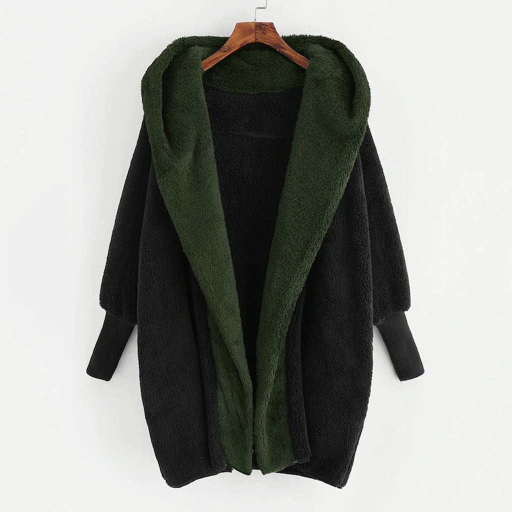 Oversize Double - sided Loose Velvet Hooded Loose Cardigan Coat Black Green