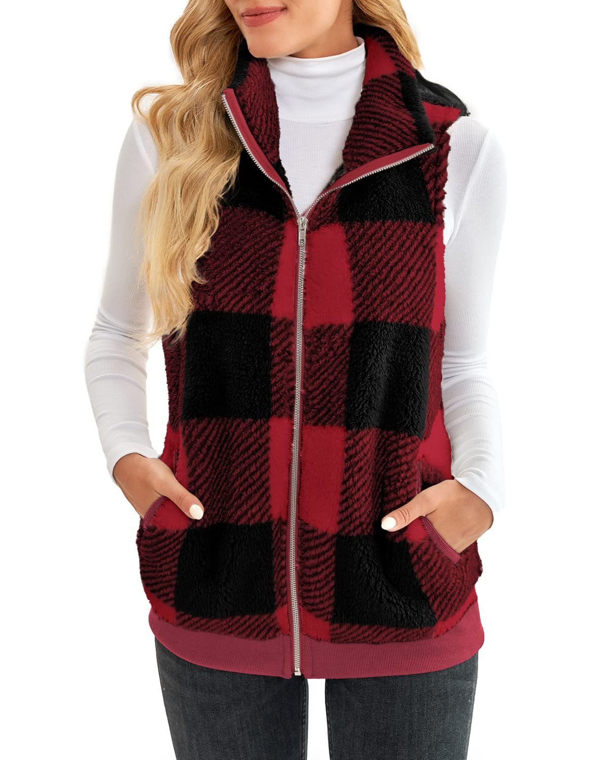 Oversize Velvet Cardigan Vest Stand - up Collar Sleeveless Coat Wine Red